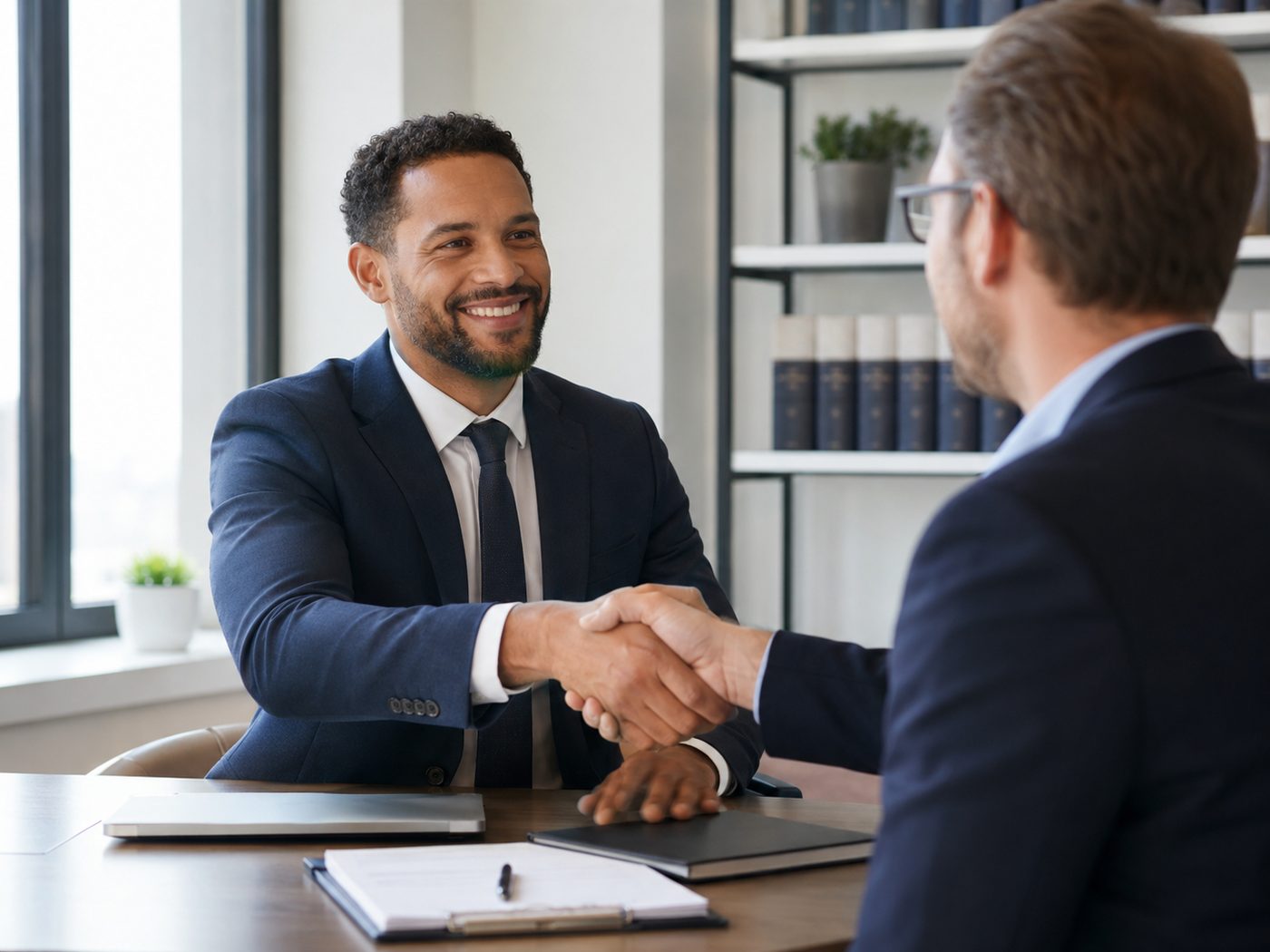 Attorney shaking hands with a client in a warmly lit law office
