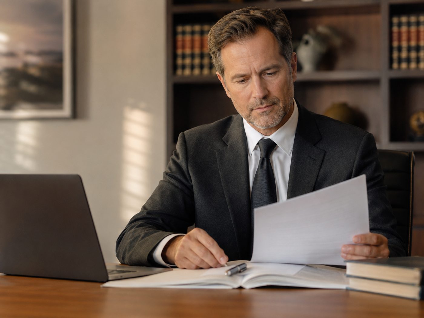 Attorney reviewing case documents at a desk