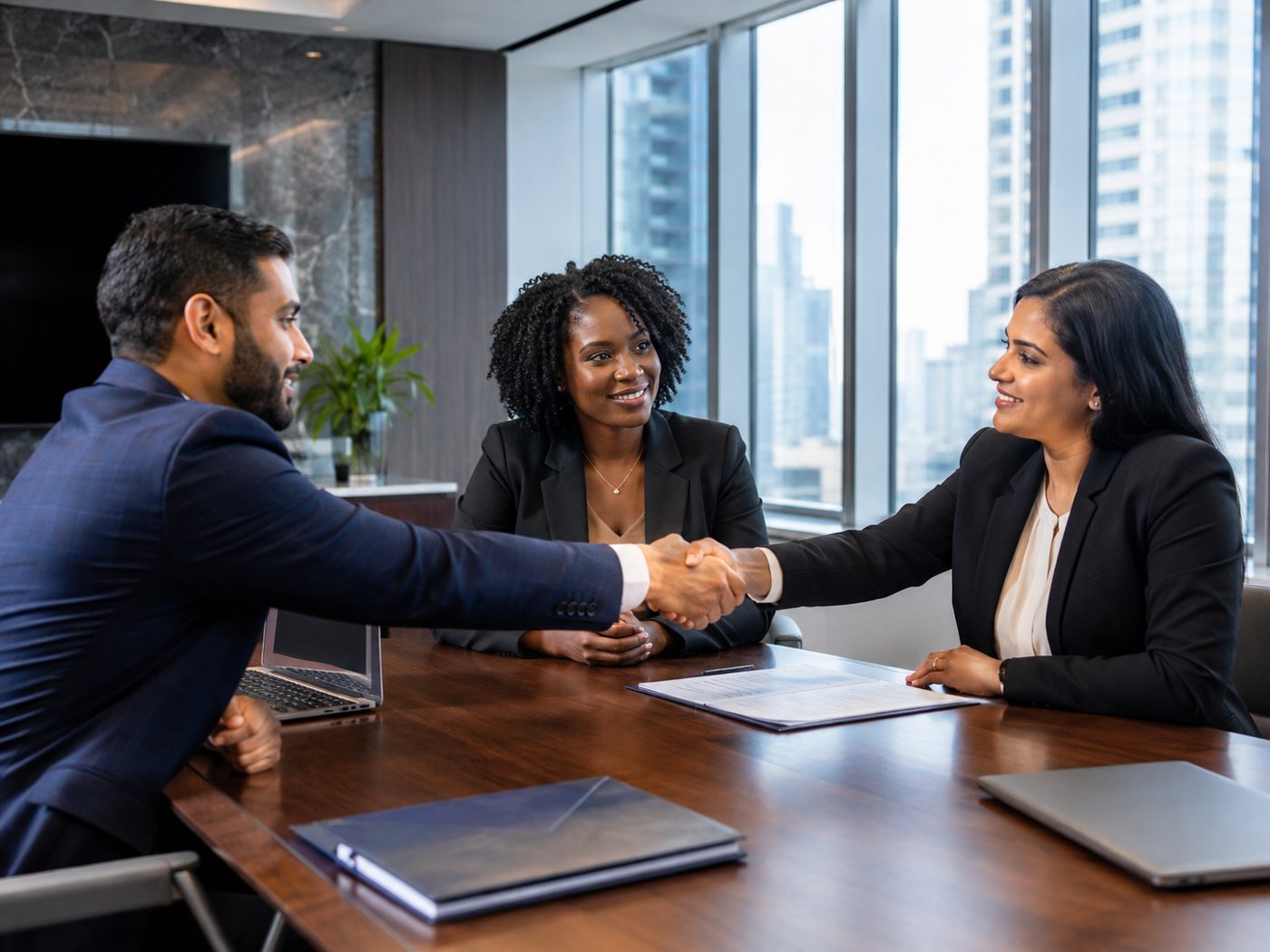 Employment law attorneys meeting with a business client in a modern office