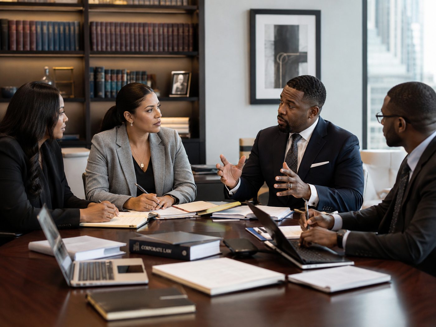Legal professionals reviewing commercial documents in a conference room