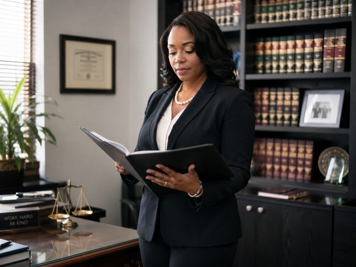 Two attorneys reviewing a substantial brief at a wood conference table