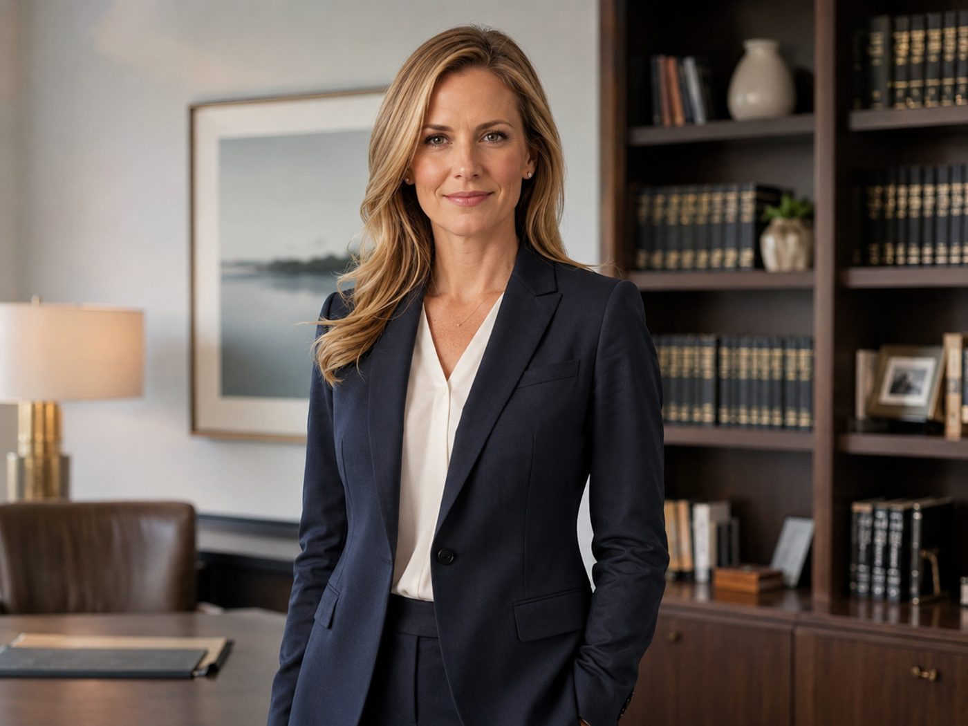 Portrait of a senior trial attorney standing in a law office