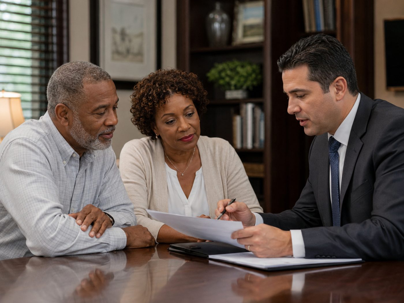 Attorney reviewing estate documents in a formal office