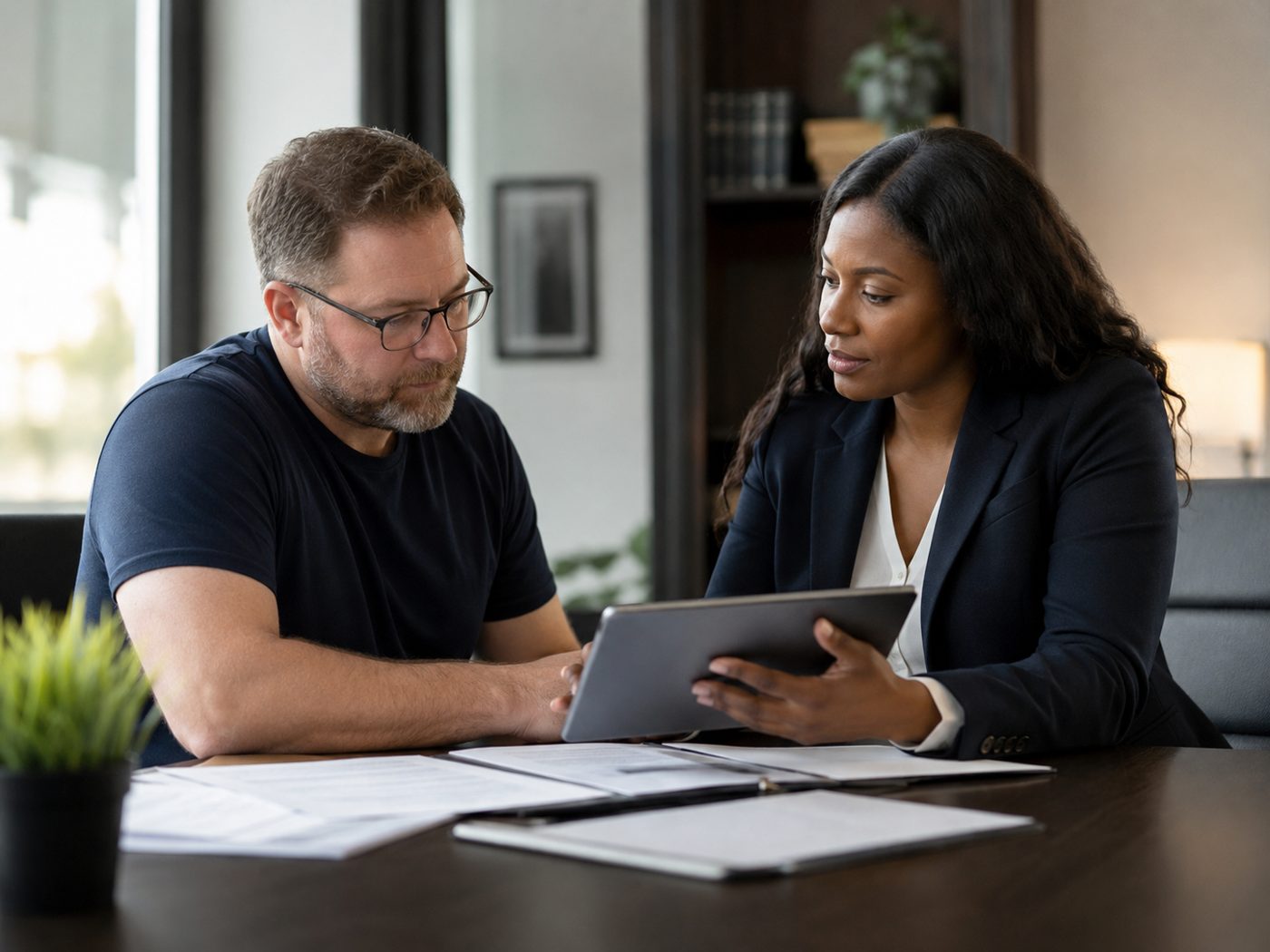 Parent and child in a legal consultation setting