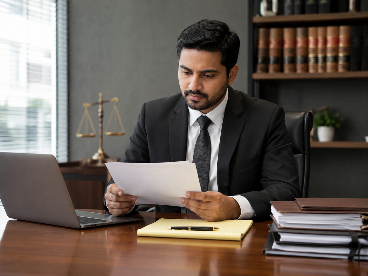 Portrait of the lead defense attorney standing in the firm's office